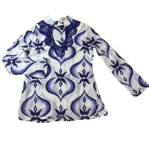 Andrea Behar Boston Proper Tunic 6 Top Blue Purple Silk Blend Crochet Lace